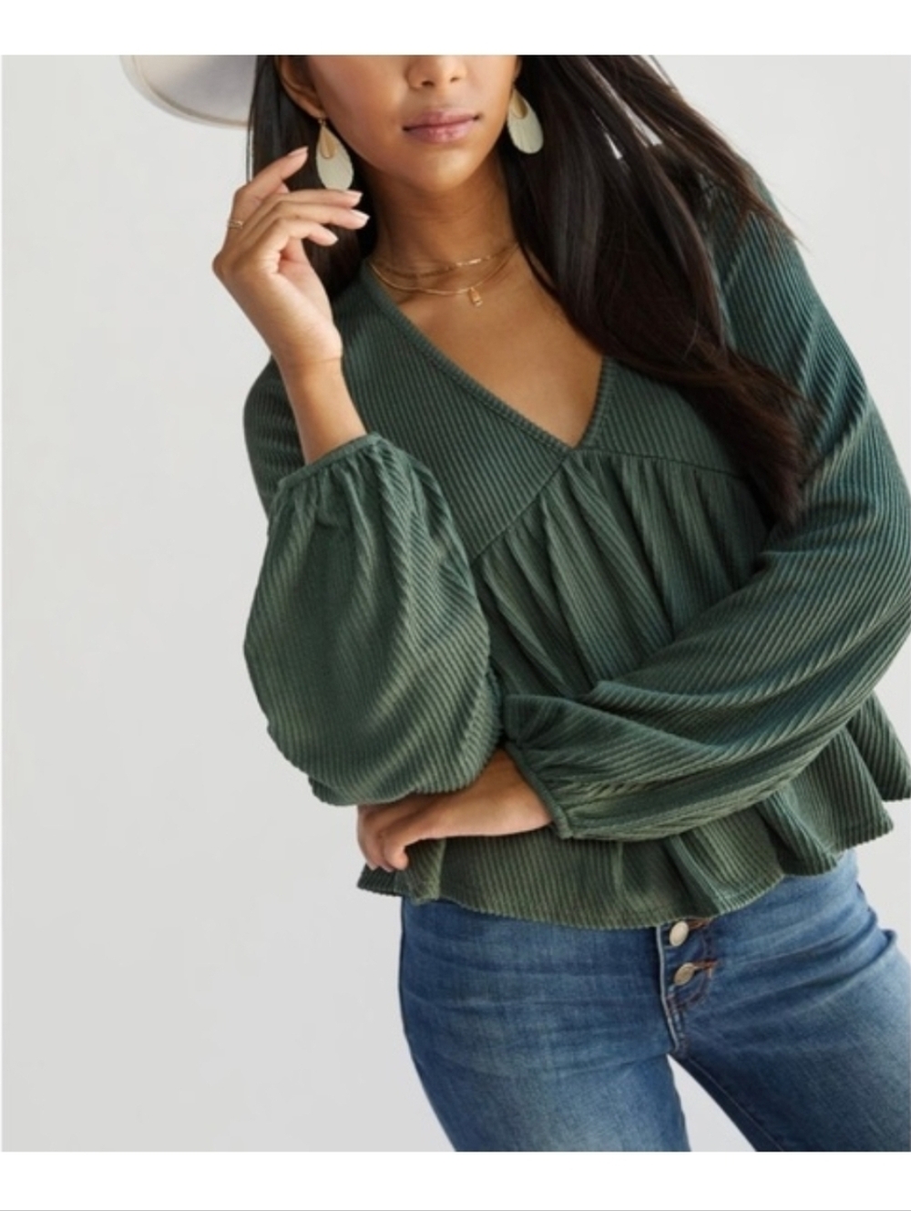 Francesca's Alya Olive Green Knit Blouse Top Shirt Babydoll Medium New Tags